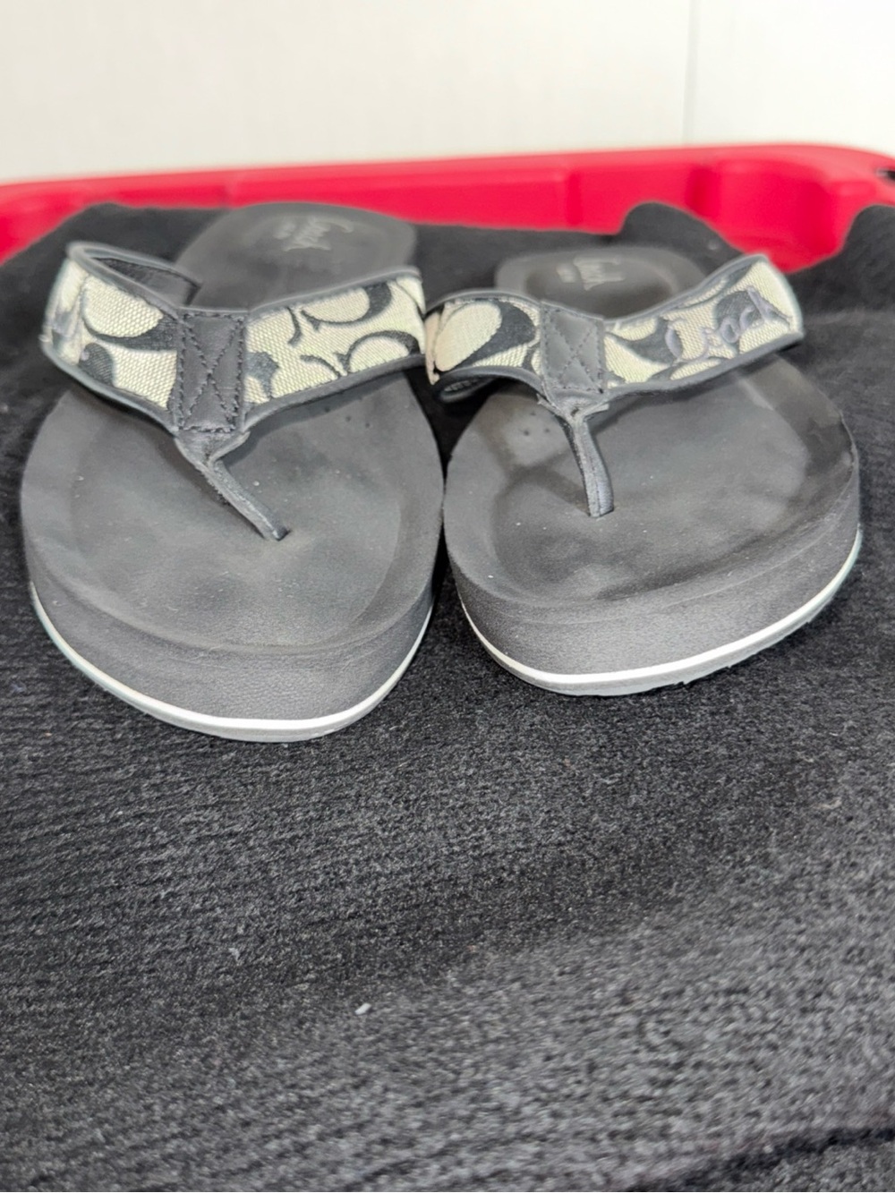Coach Black and Cream Signature Canvas Thong Sandals